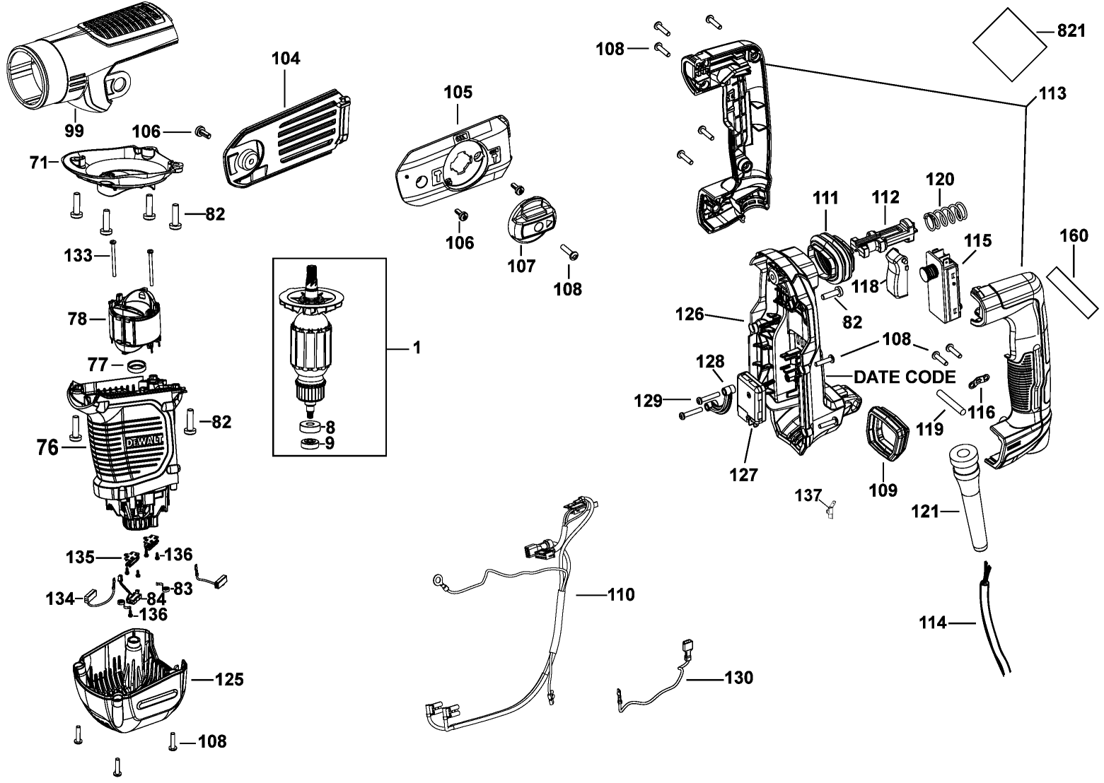 MOTOR Diagram and Parts List for D25810K Type 1 DeWALT Hammer Drill