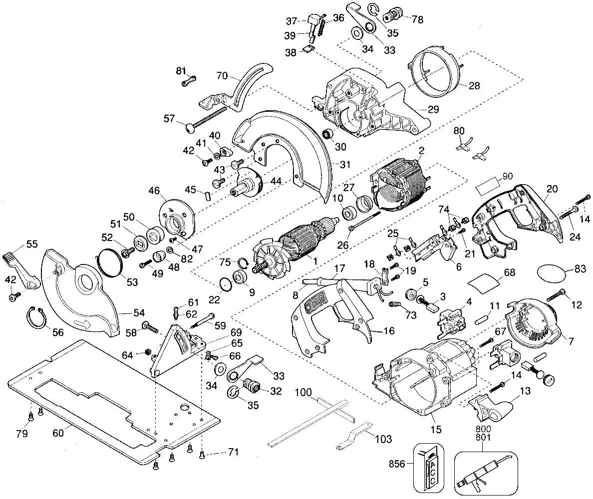 Default Diagram and Parts List for 2684-34 Type 1 DeWALT Circular Saw