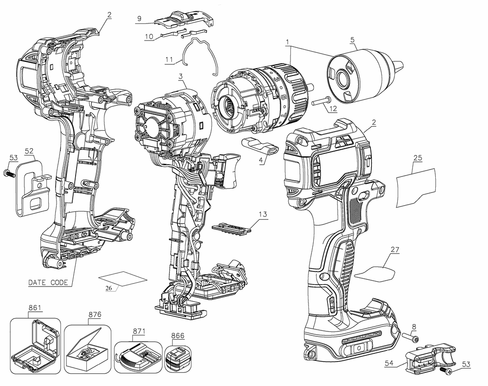 Exploded Diagram A Diagram and Parts List for DCD797B Type 10 DeWALT Hammer Drill