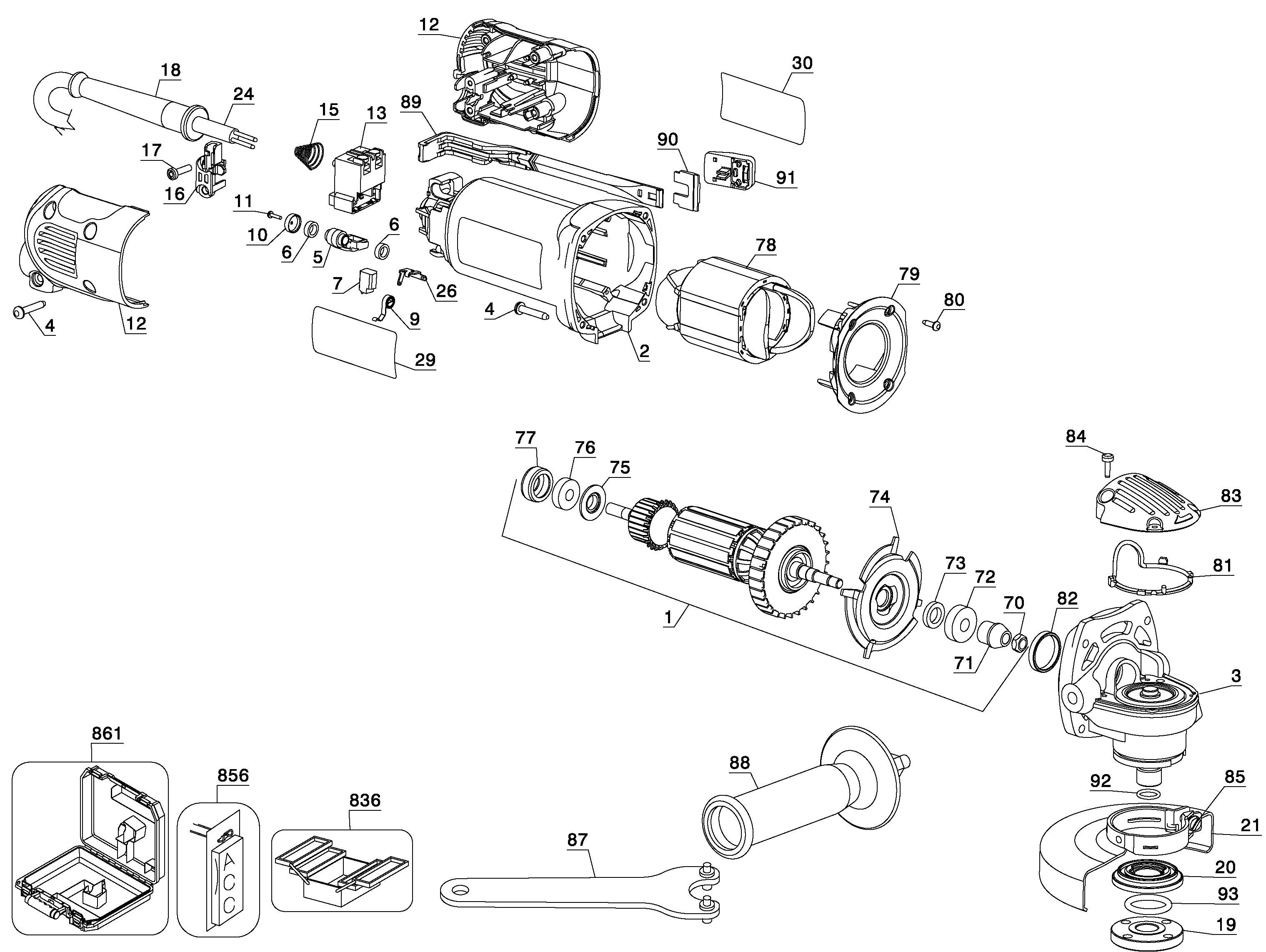 Default Diagram and Parts List for D28111K-B2C Type 2 DeWALT Grinder
