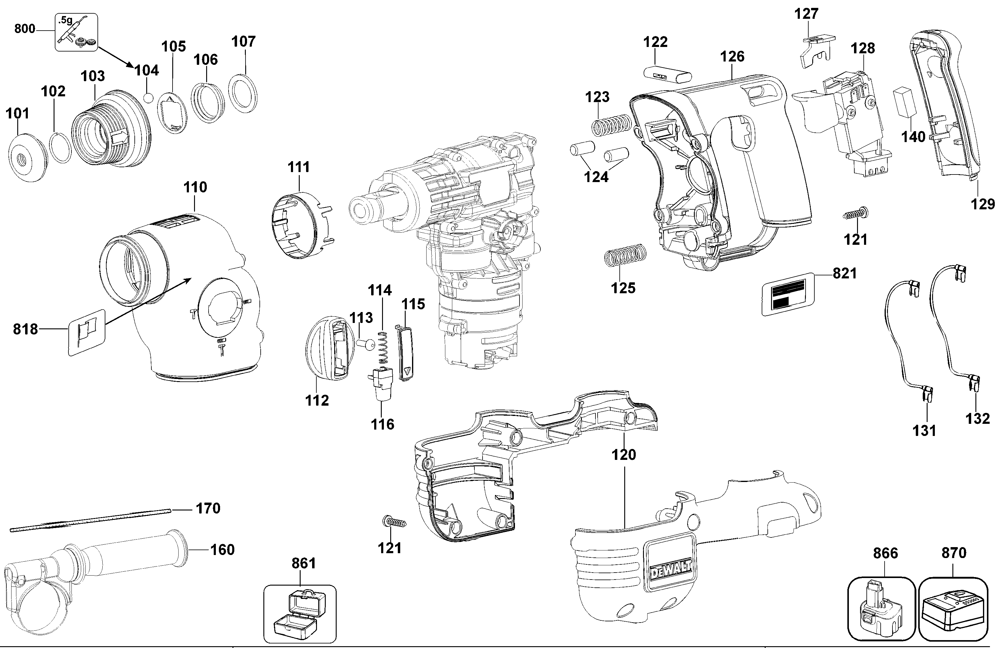 Default Diagram and Parts List for DC213KB-AR Type 1 DeWALT Hammer