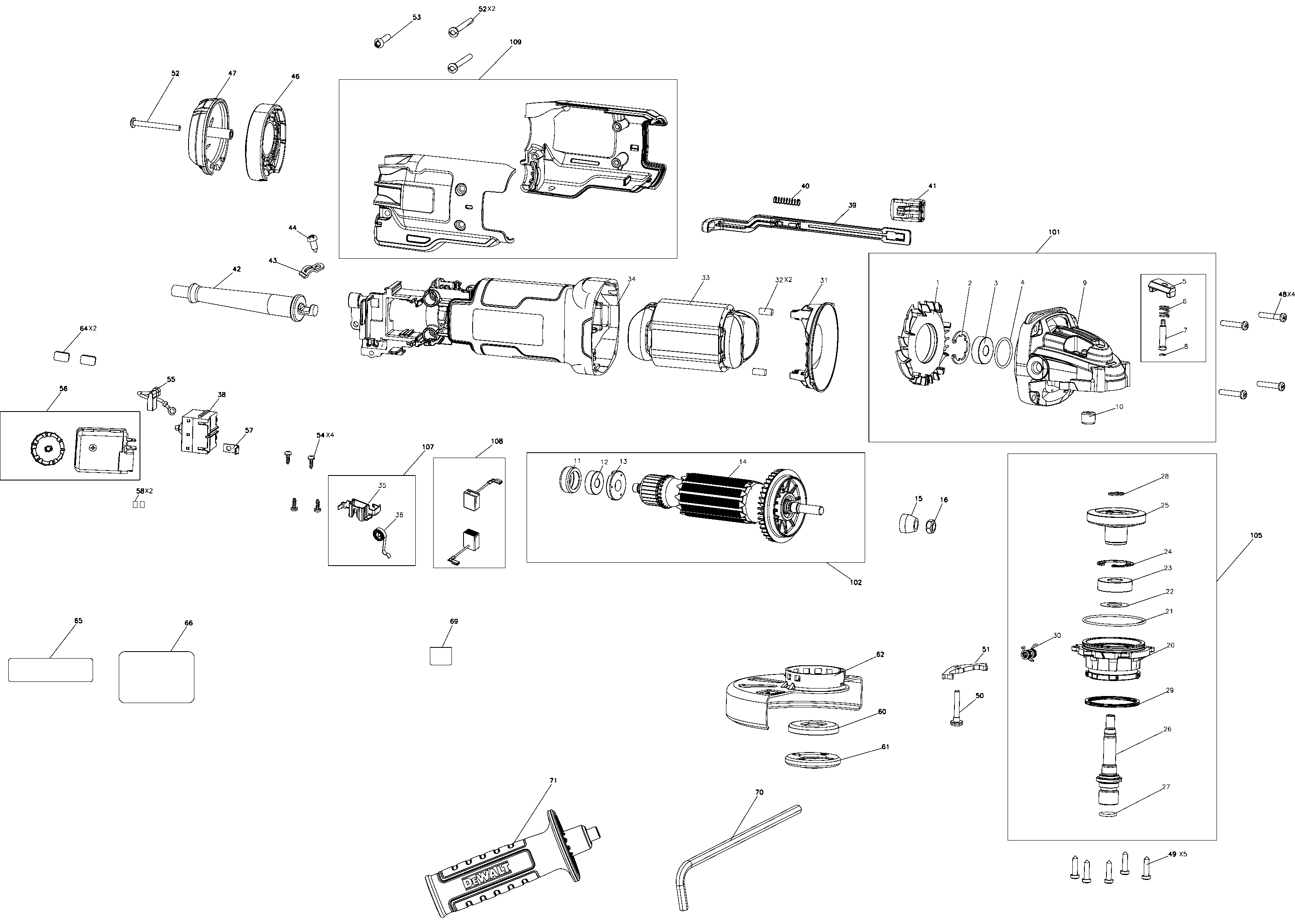 Default Diagram and Parts List for DWE4336-B3 Type 1 DeWALT Angle Grinder
