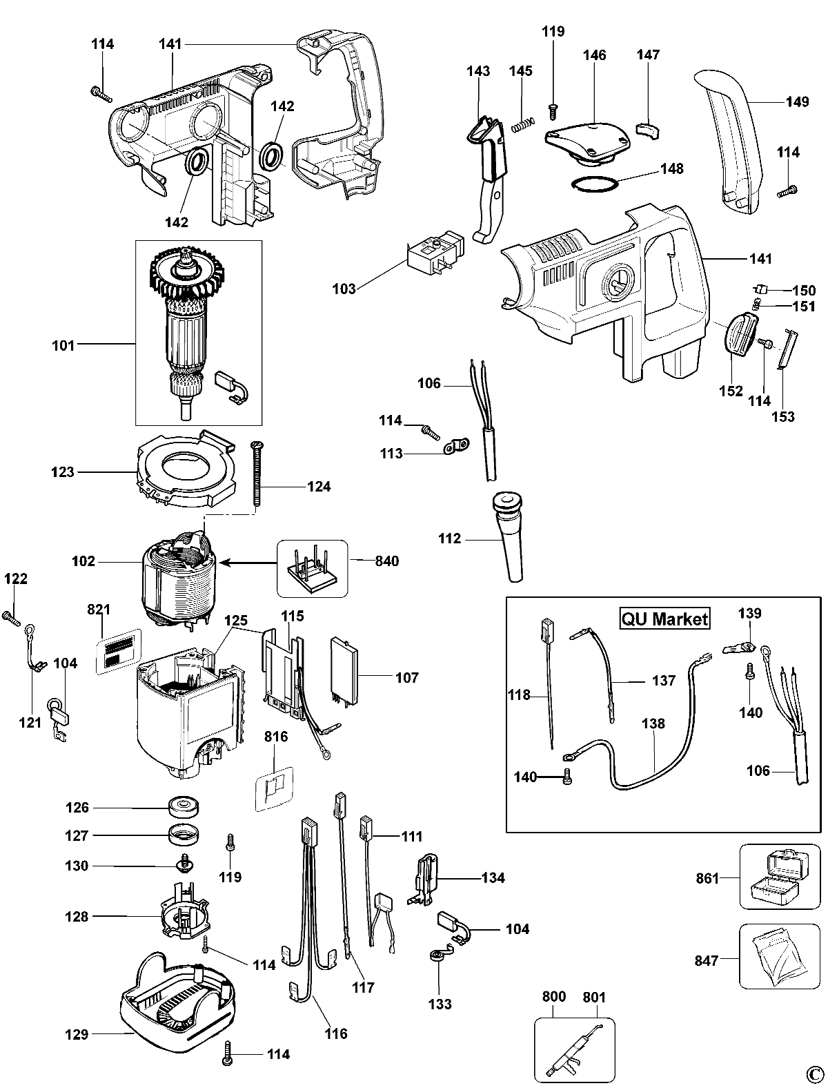 MOTOR Diagram and Parts List for D25405KB3 Type 1 DeWALT Hammer