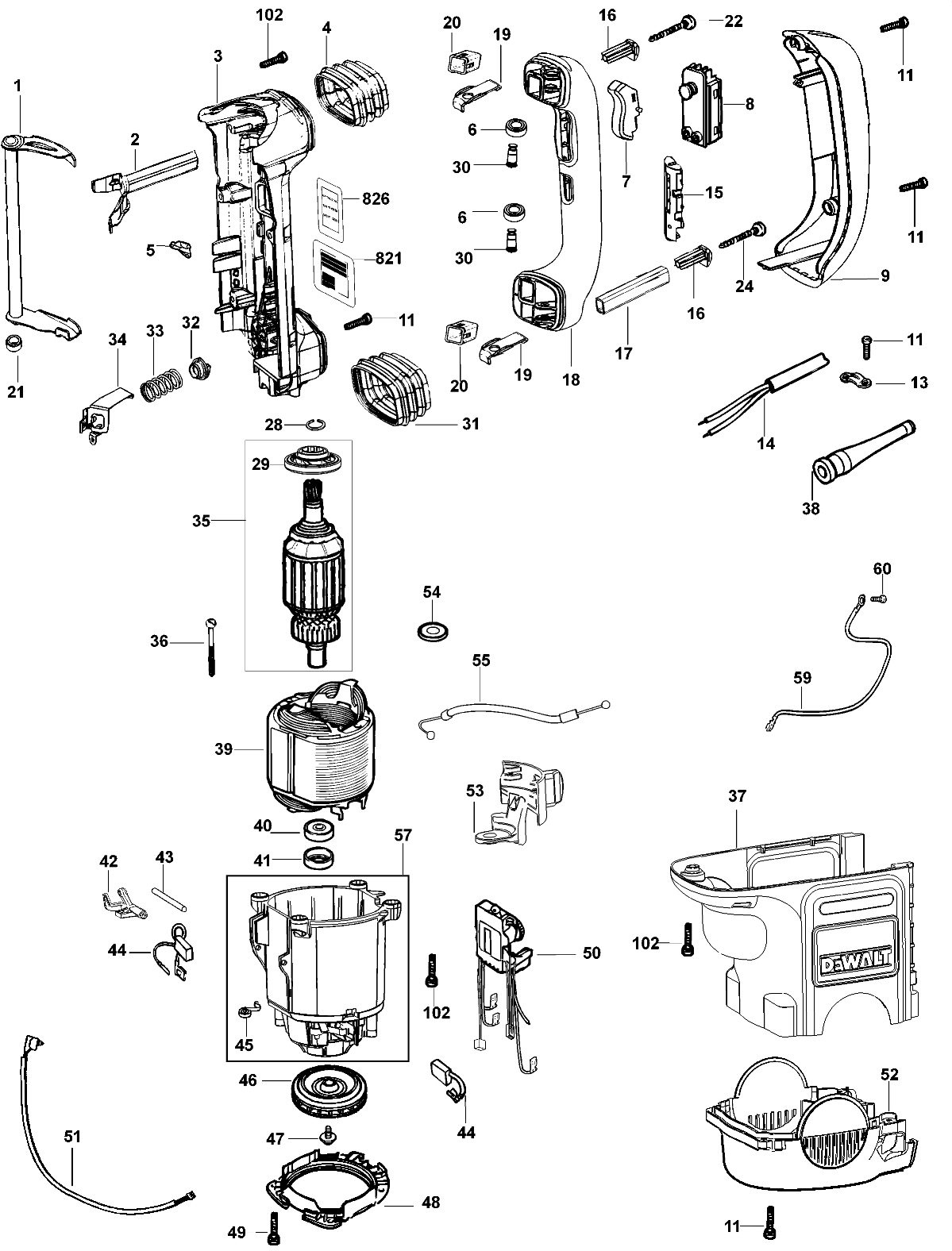 Default 3 Diagram and Parts List for D25701K-B2 Type 1 DeWALT Hammer