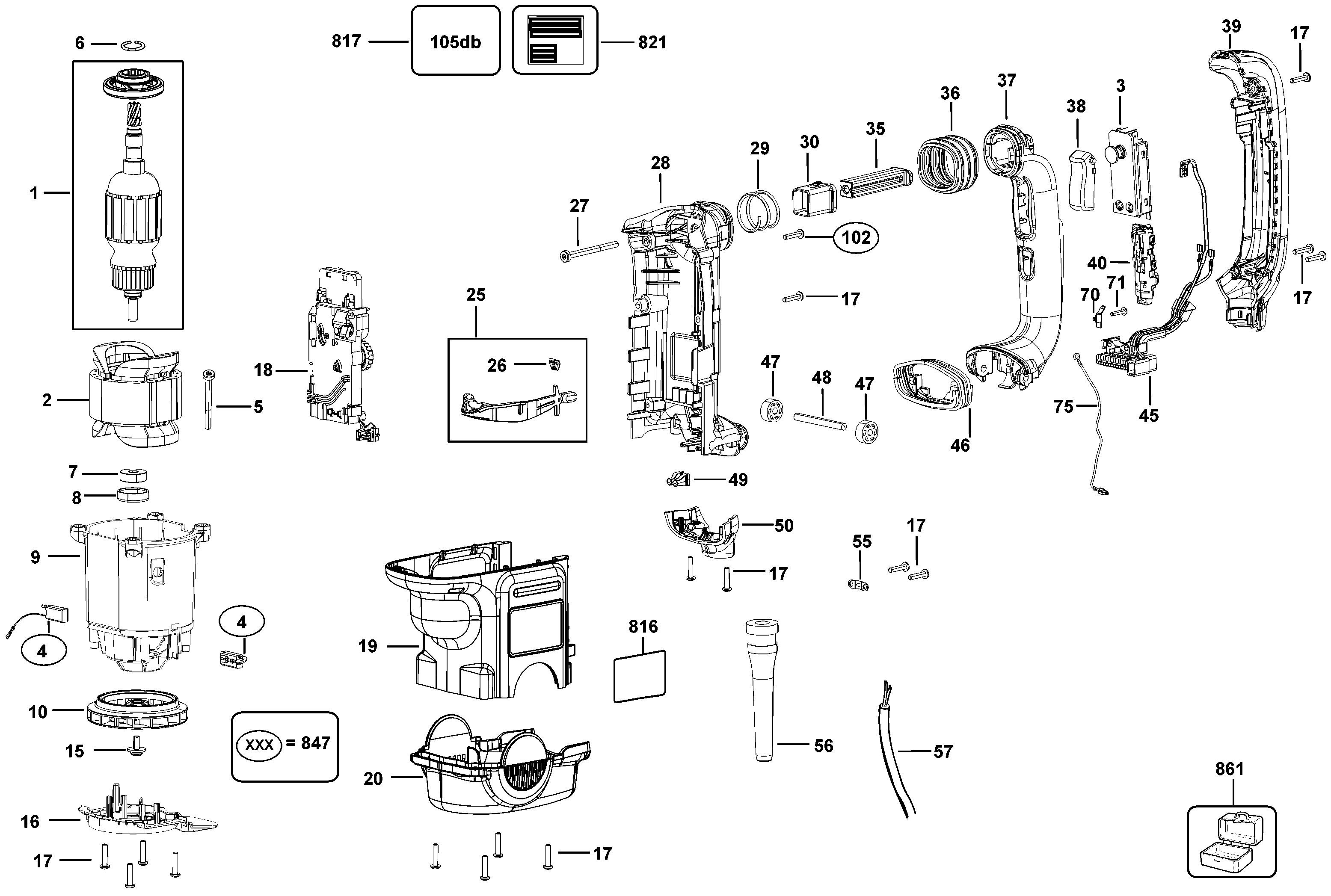 MOTOR Diagram and Parts List for D25712K Type 1 DeWALT Hammer