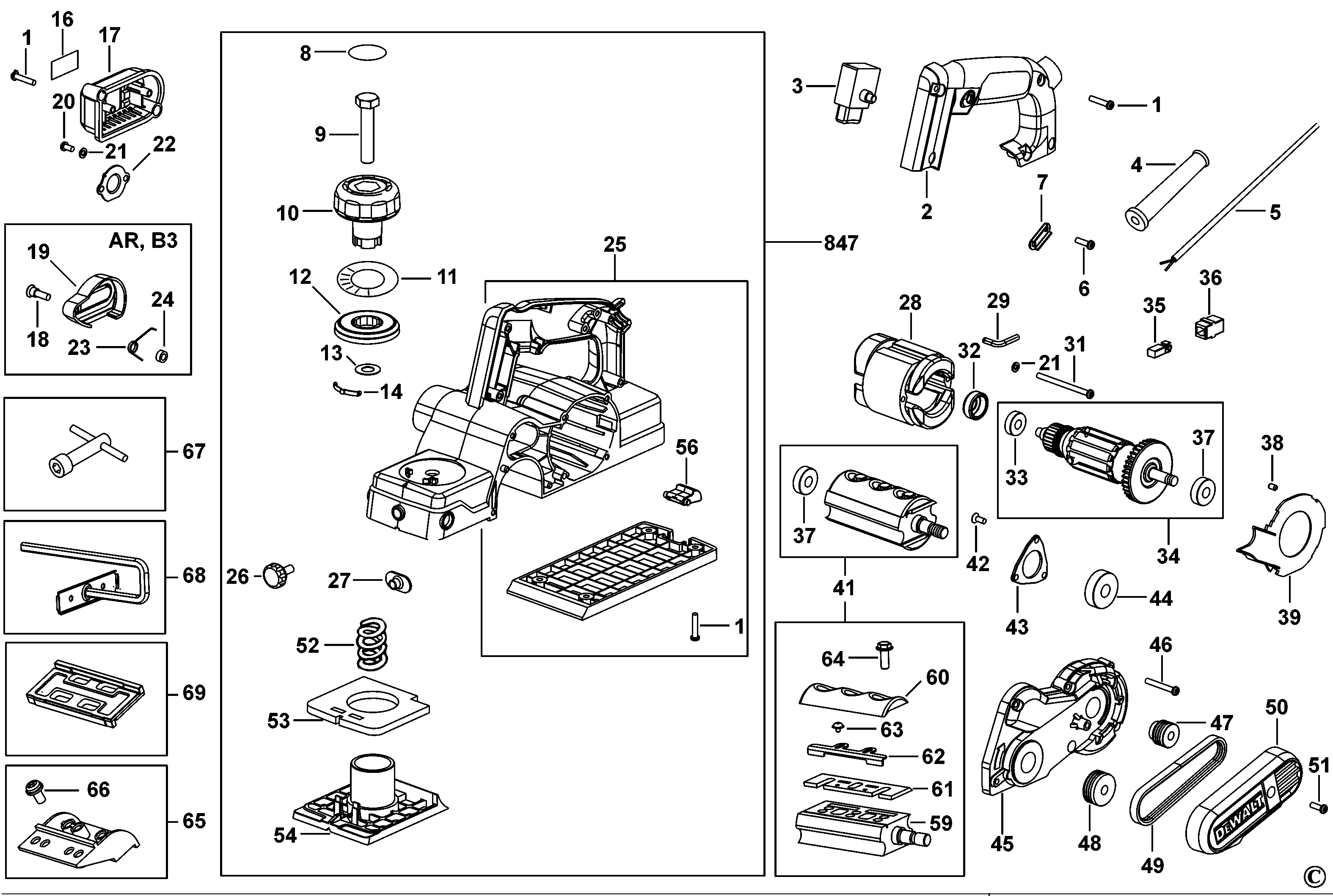 Default Diagram and Parts List for D26676-B2 Type 1 DeWALT Planer Jointer