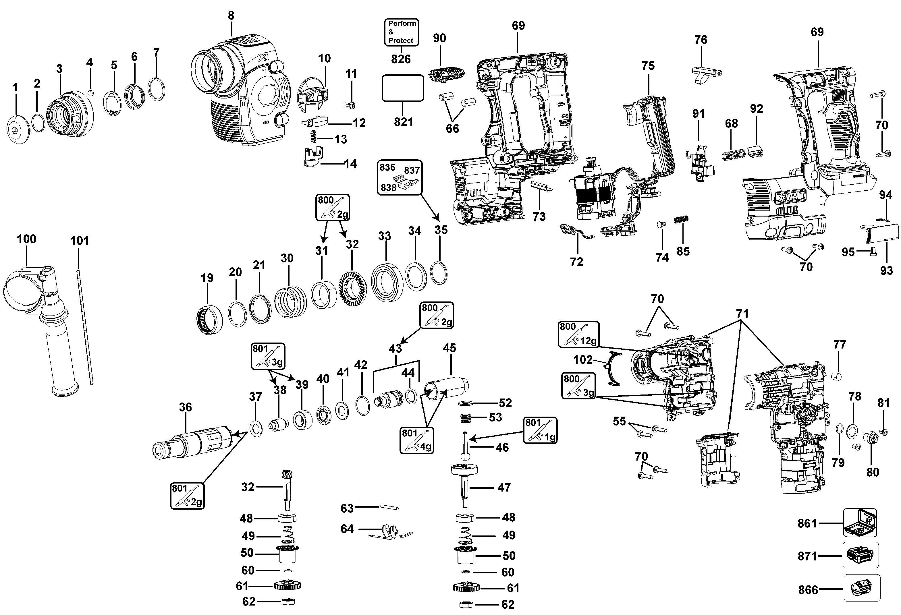 Default Diagram and Parts List for DCH273B Type 1 DeWALT Hammer Drill
