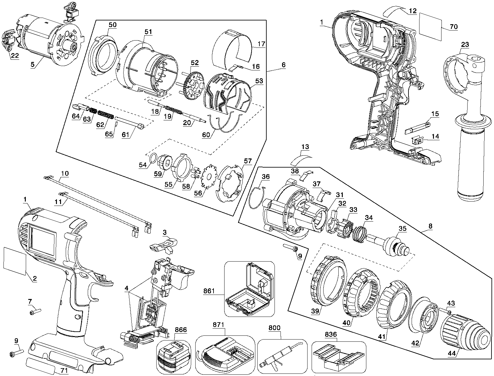 Default Diagram and Parts List for DC900KL Type 1 DeWALT Hammer