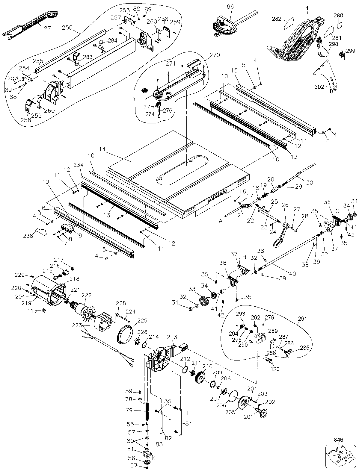 Default 2 Diagram and Parts List for DW745-B2 Type 3 DeWALT Table Saw