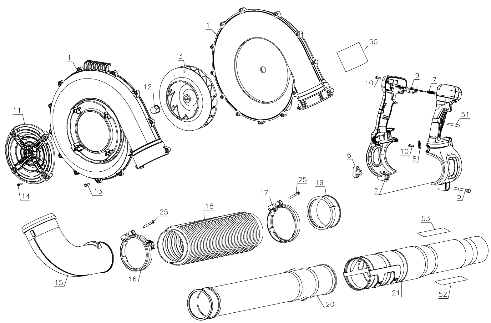 Default 2 Diagram and Parts List for DCBL590X2 Type 1 DeWALT Leaf Blower / Vacuum