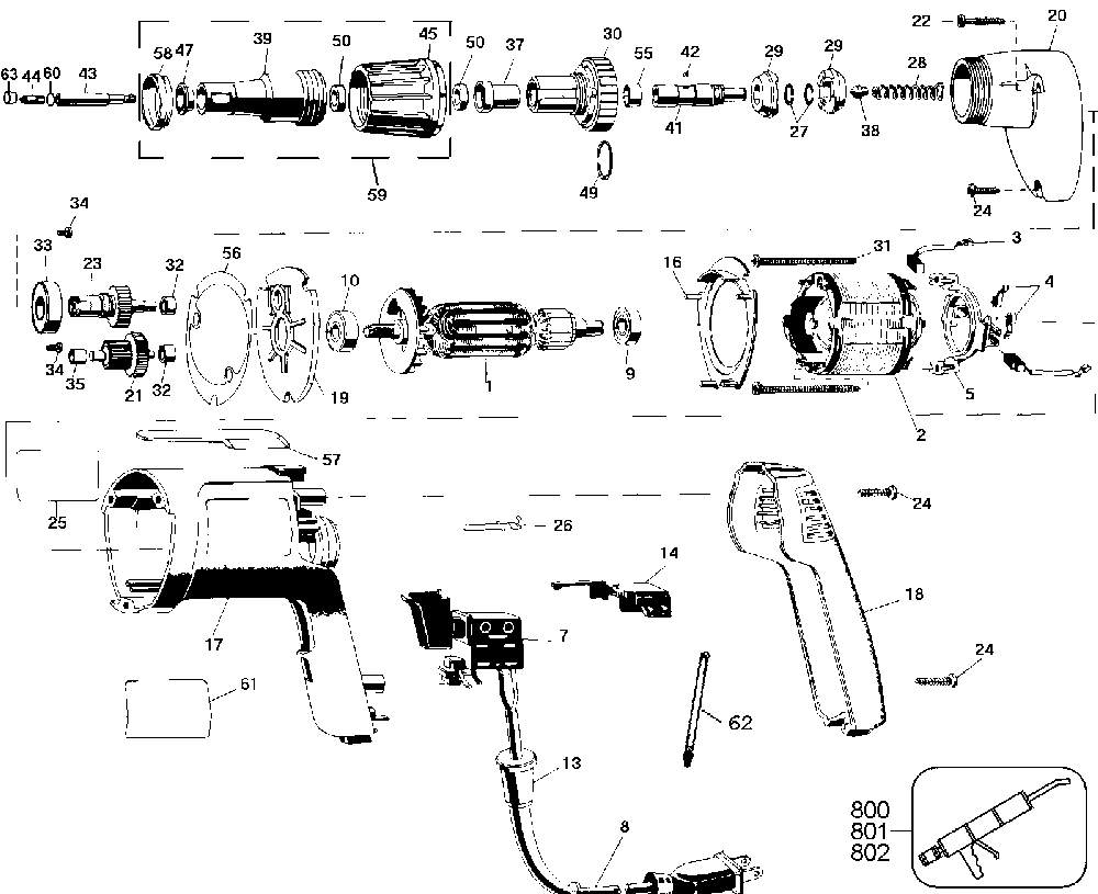 Exploded Diagram A Diagram and Parts List for D254-04 Type 1 DeWALT Electric Drill