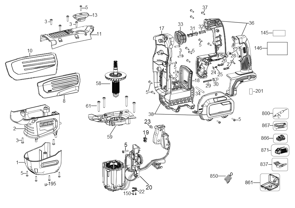 Exploded Diagram B Diagram and Parts List for DCH733X2 Type 2 DeWALT Hammer Drill