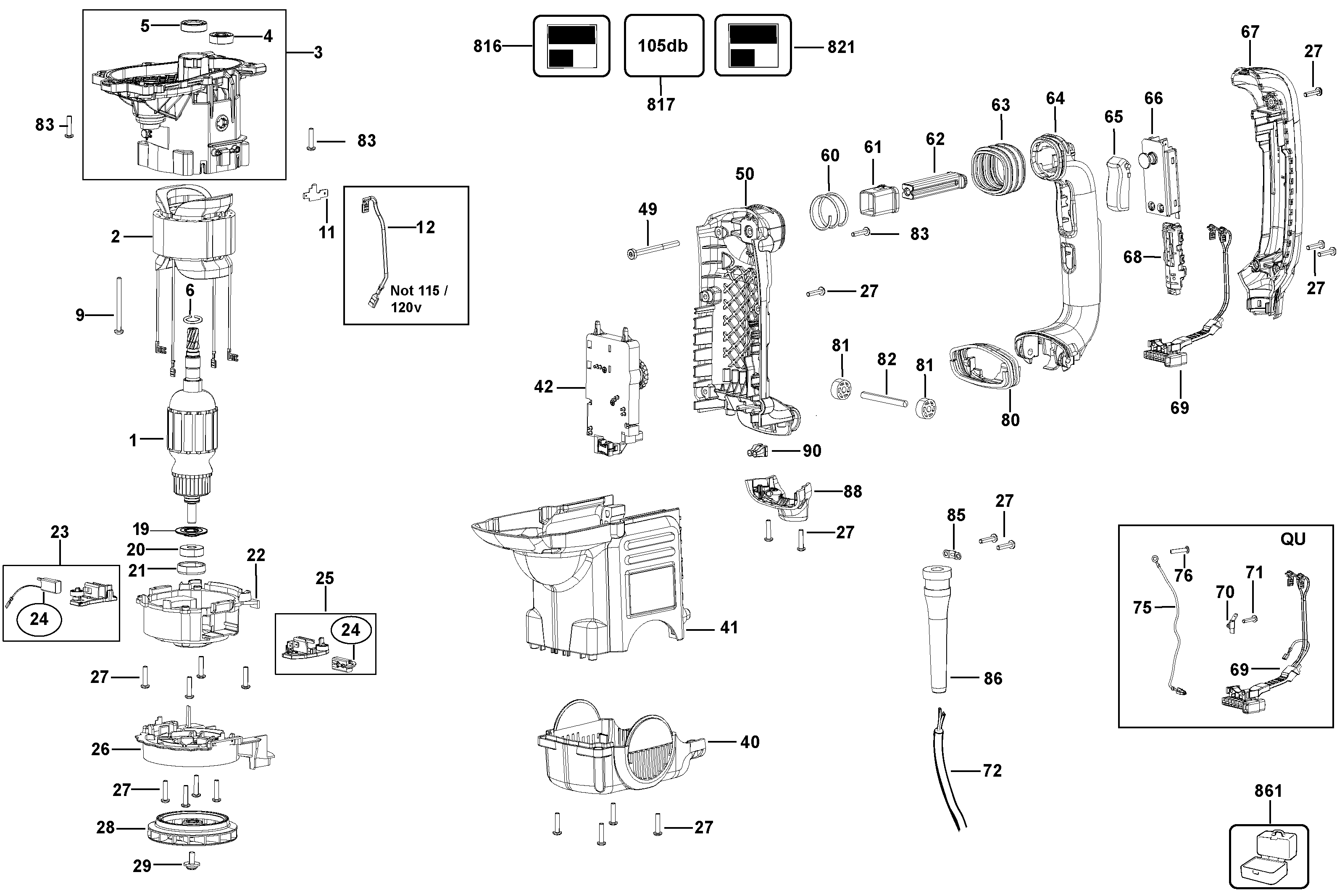 Default Diagram and Parts List for D25601K-AR Type 1 DeWALT Hammer