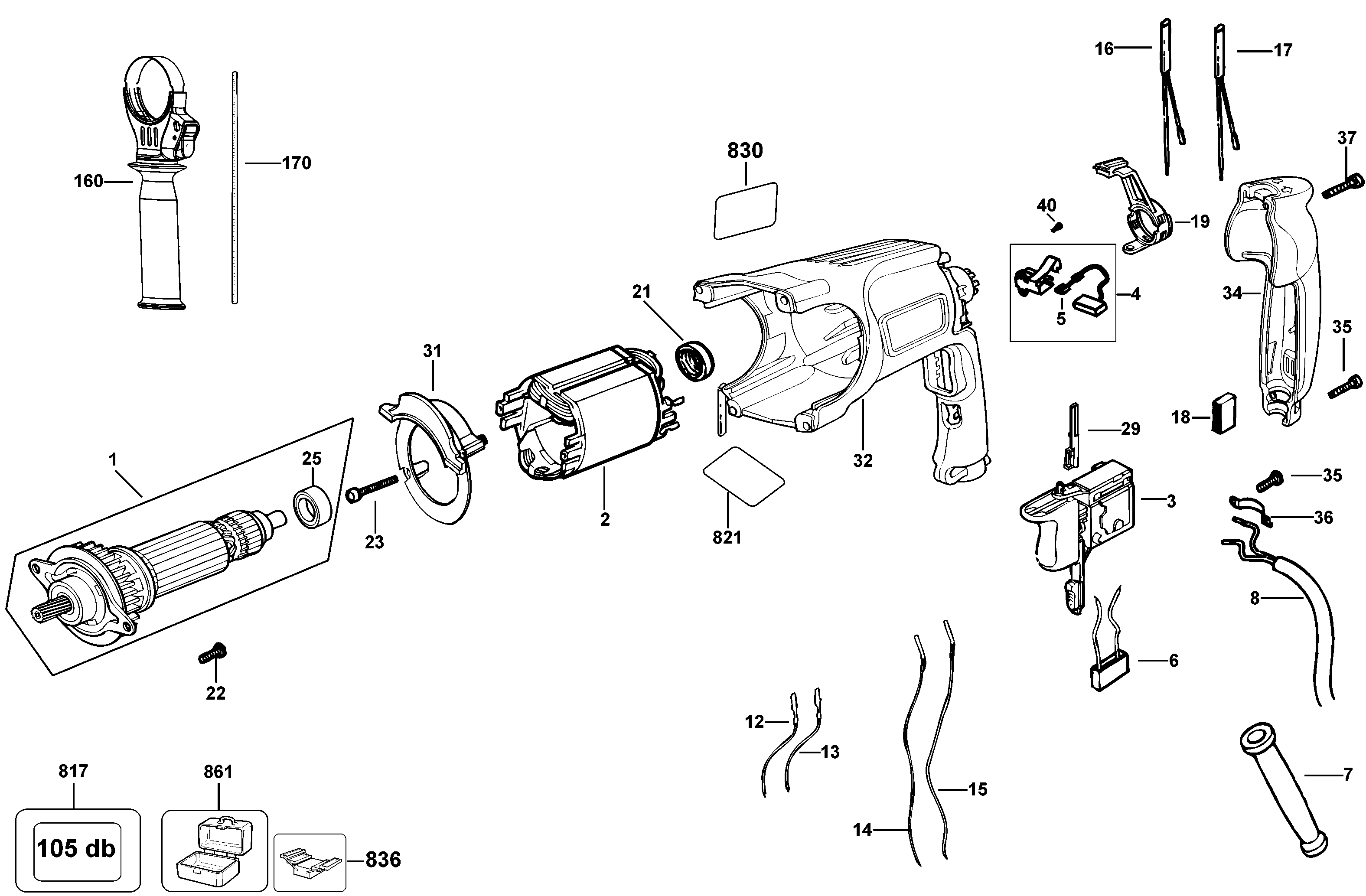 Default Diagram and Parts List for D25124K-B2 Type 10 DeWALT Hammer