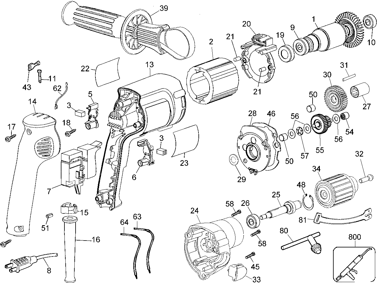 Default Diagram and Parts List for DW231-B2 Type 1 DeWALT Boring Machine