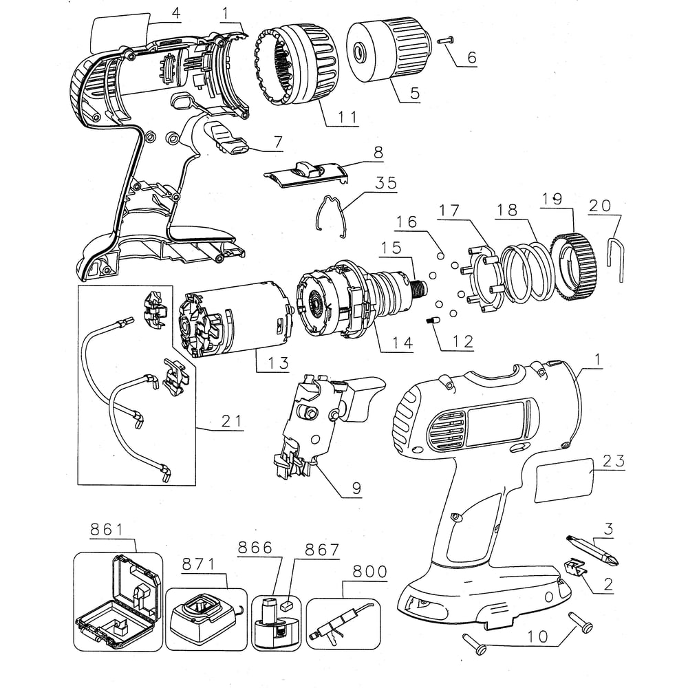 Drill Housing Diagram and Parts List for DW928K-2TY1  DeWALT Drill