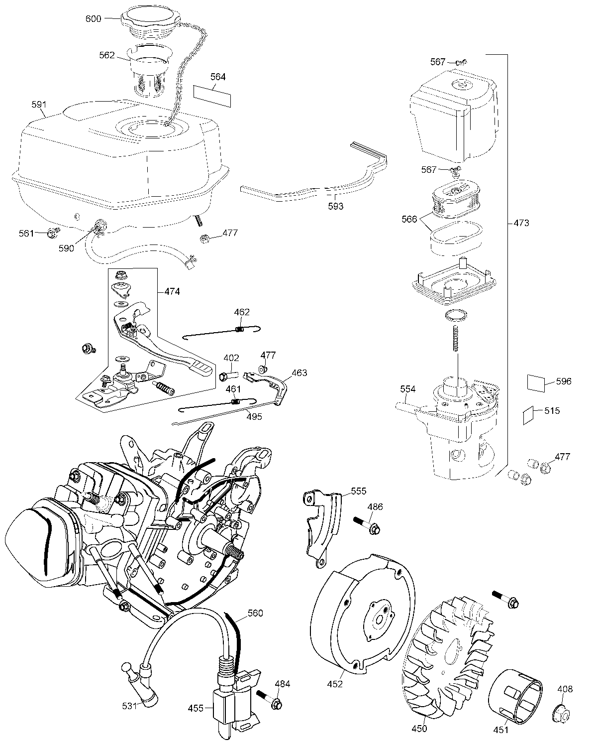 Flywheel & Linkage Diagram and Parts List for DW650LAG-B3 Type 1 DeWALT Engine