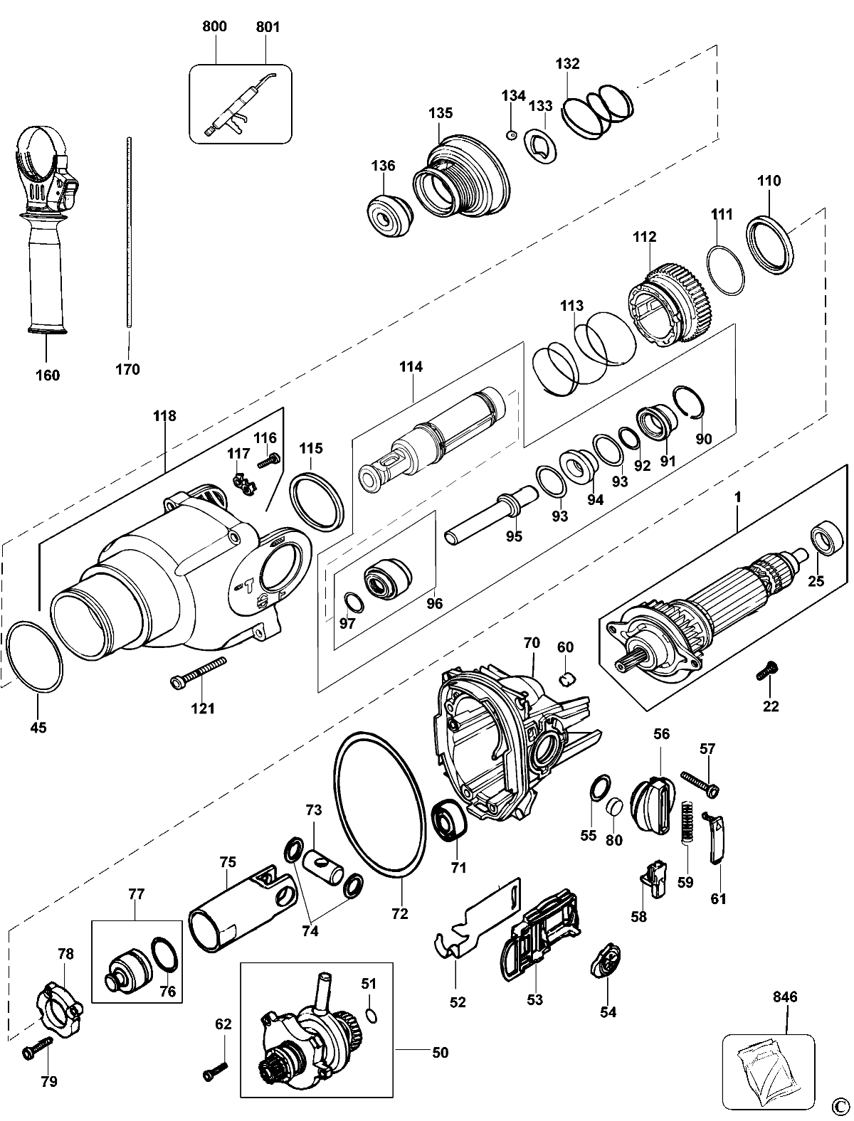 Default 2 Diagram and Parts List for D25103KBR Type 2 DeWALT Hammer