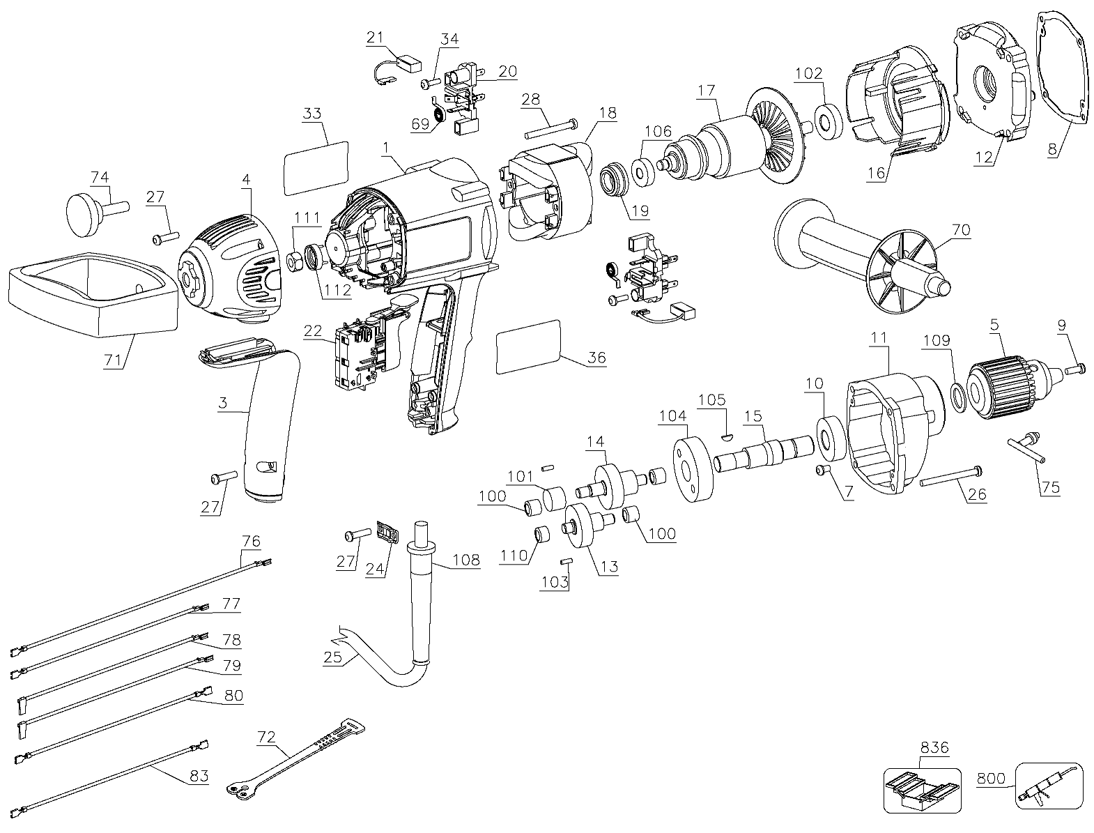 Default Diagram and Parts List for DW130V-B2 Type 1 DeWALT Boring Machine