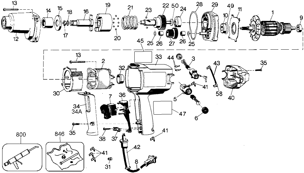 Default Diagram and Parts List for DW291-B3 Type 1 DeWALT Wrench