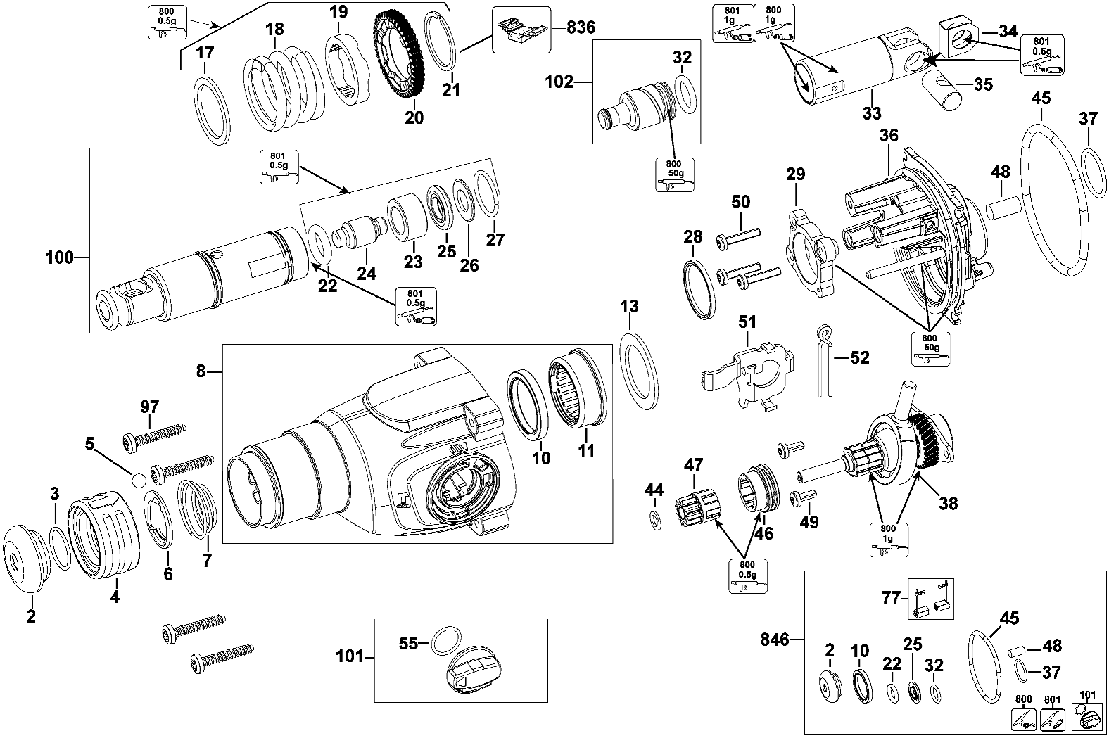 Default Diagram and Parts List for D25133K Type 1 DeWALT Impact Driver