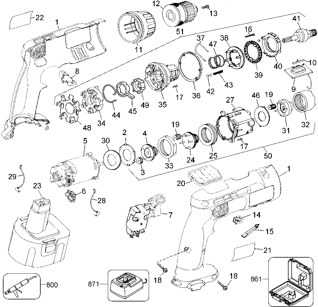 Default Diagram and Parts List for DW996K-B3 Type 1 DeWALT Hammer Drill
