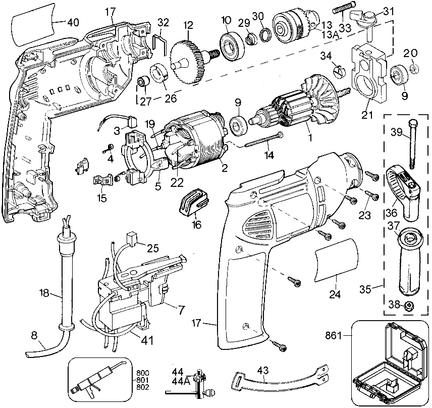 Default Diagram and Parts List for DW508-35 Type 1 DeWALT Boring Machine