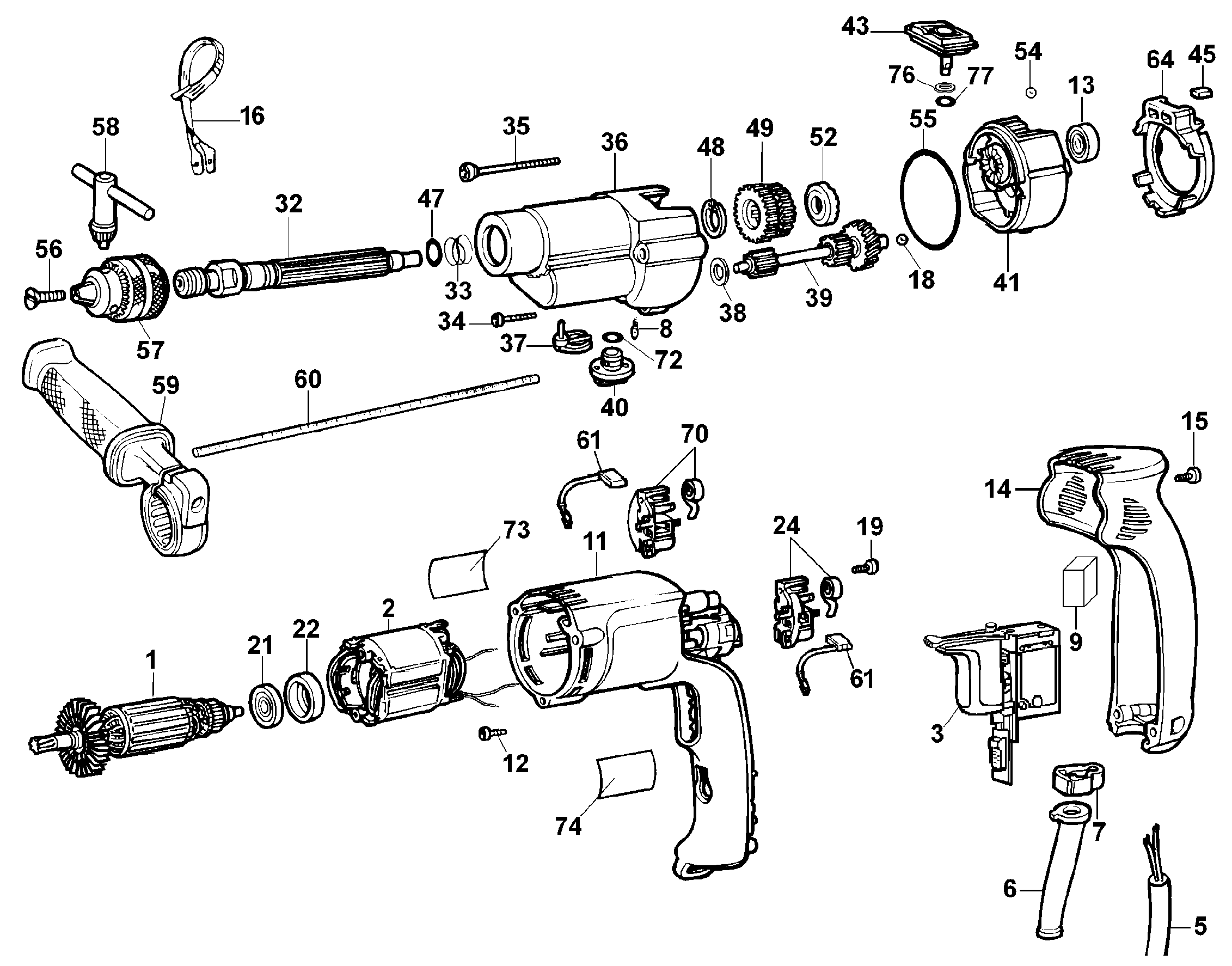 Default Diagram and Parts List for DW505-B2 Type 2 DeWALT Hammer Drill
