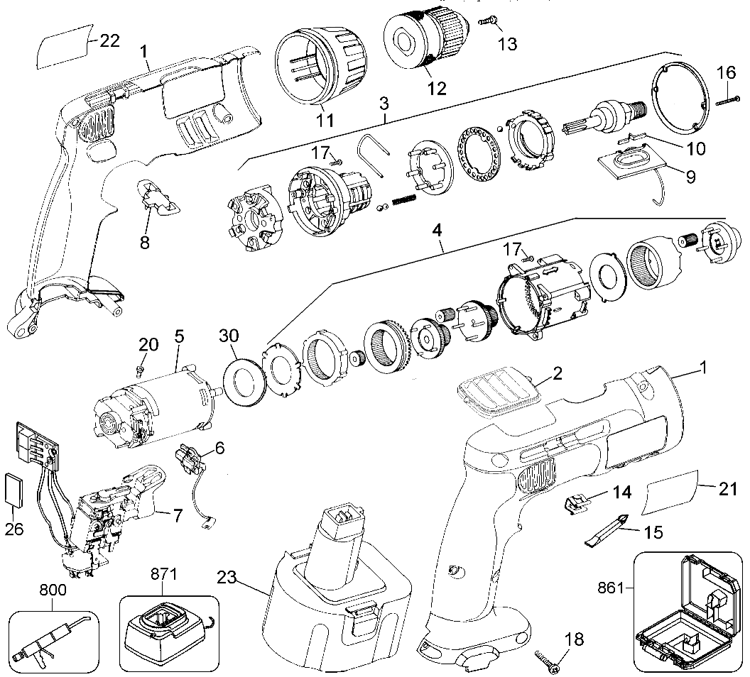 Default Diagram and Parts List for DW961K-2 Type 1 DeWALT Electric Drill