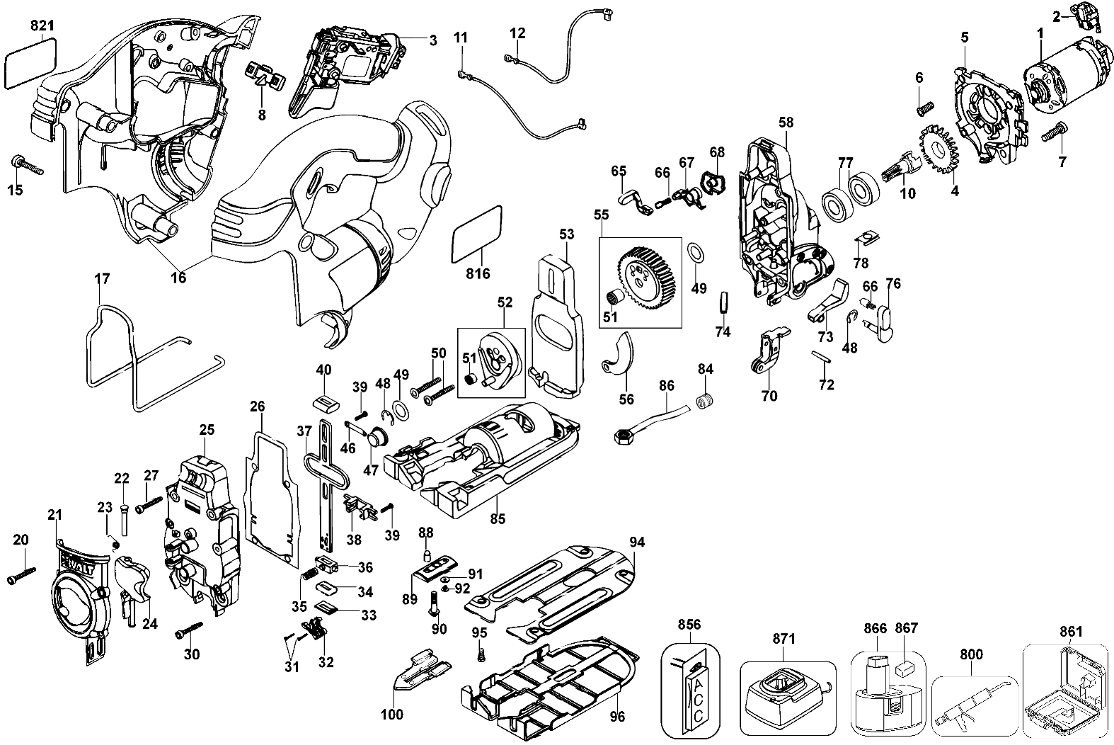Default Diagram and Parts List for DC330B Type 10 DeWALT Jig Saw