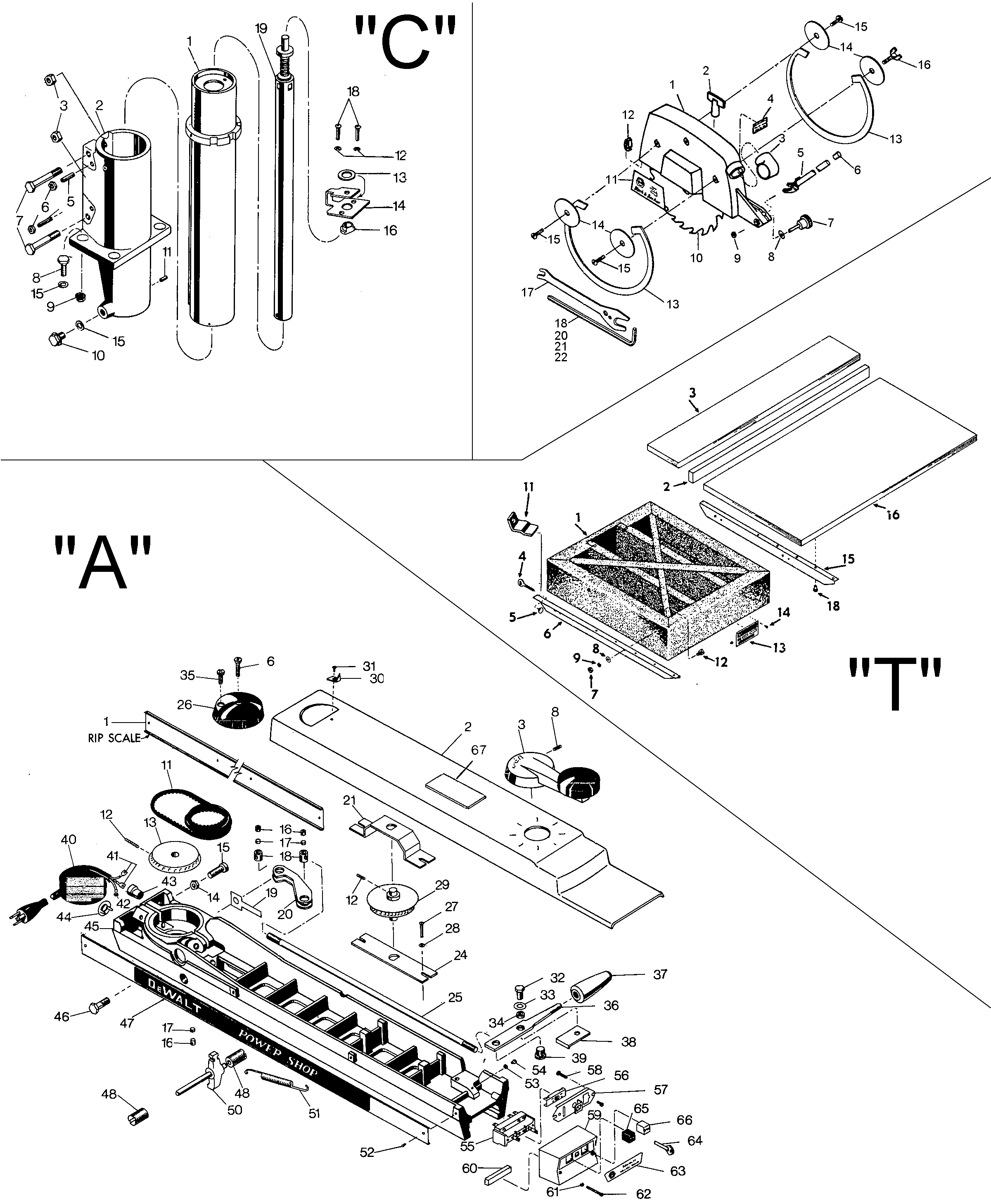 Default Diagram and Parts List for B7740 Type 3 DeWALT Table Saw