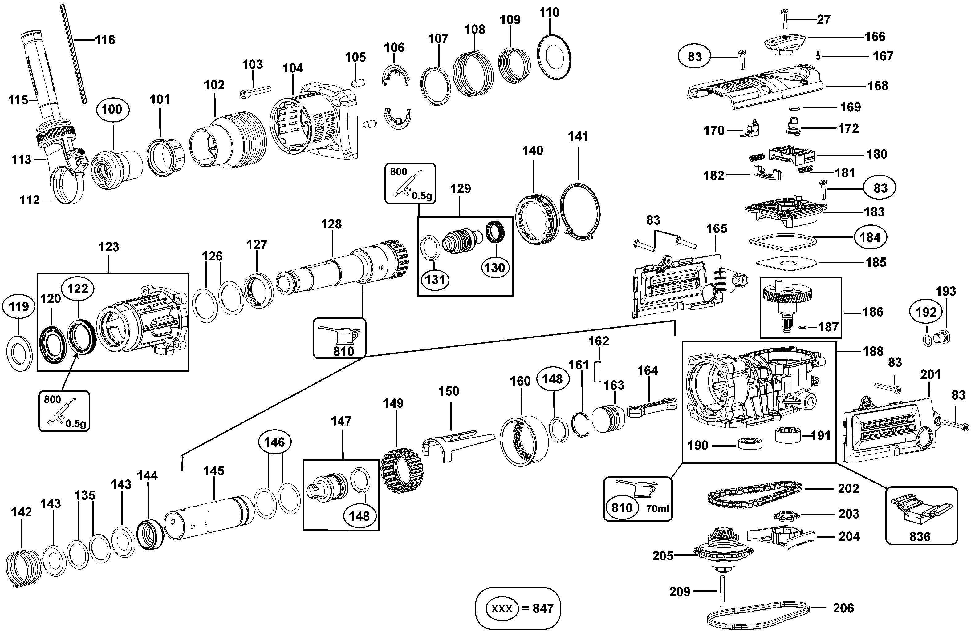 Default Diagram and Parts List for D25602K-B2 Type 1 DeWALT Hammer