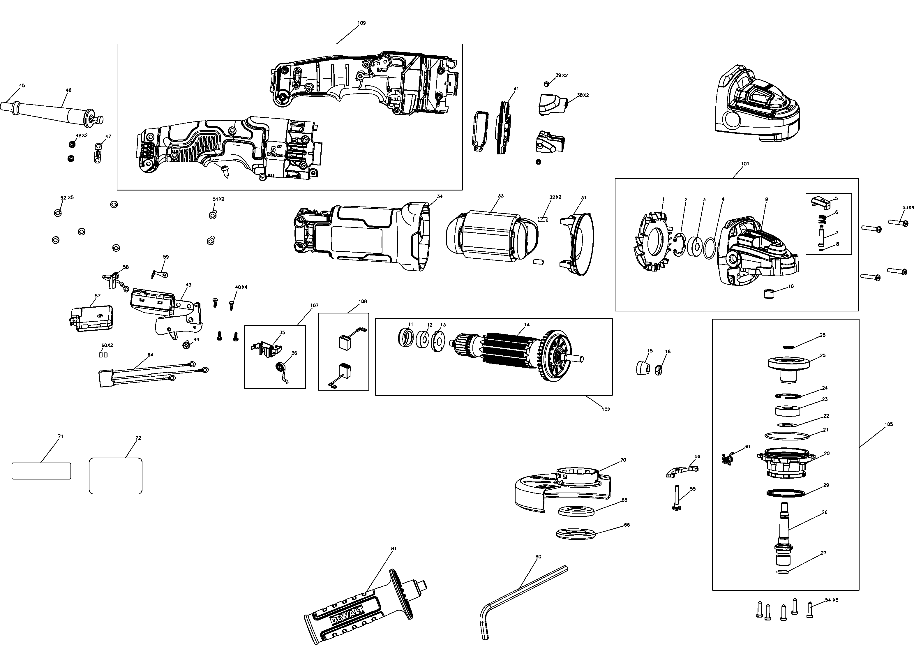 Default Diagram and Parts List for DWE4315-B3 Type 1 DeWALT Grinder
