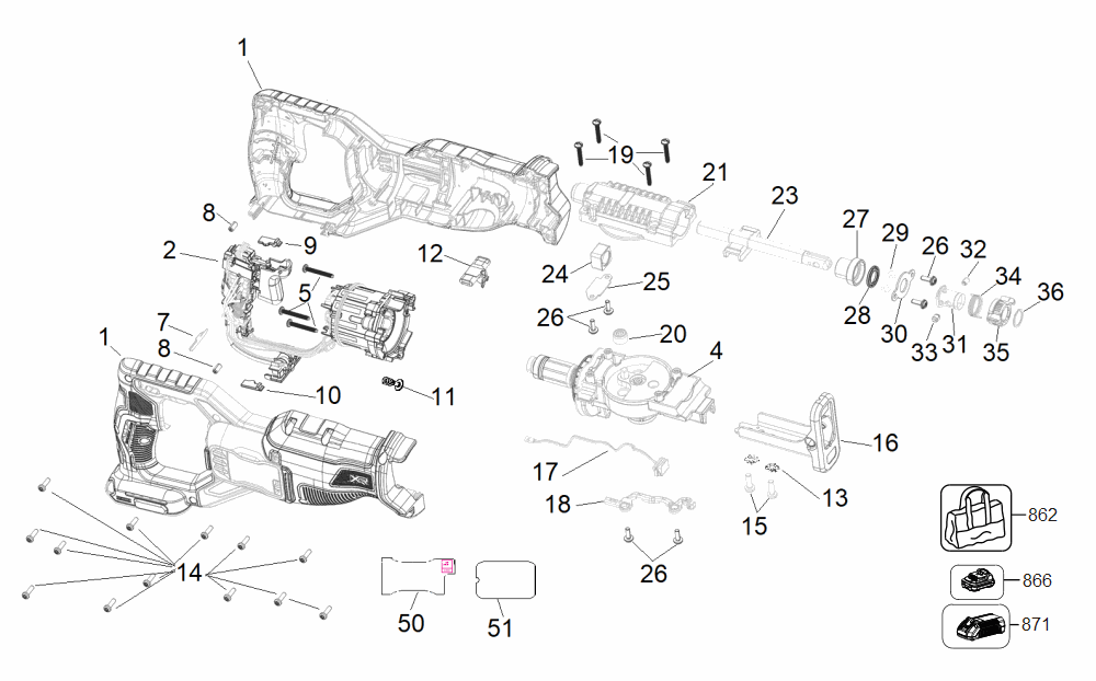 Diagram Diagram and Parts List for DCS382H1 Type 1 DeWALT Reciprocating Saw