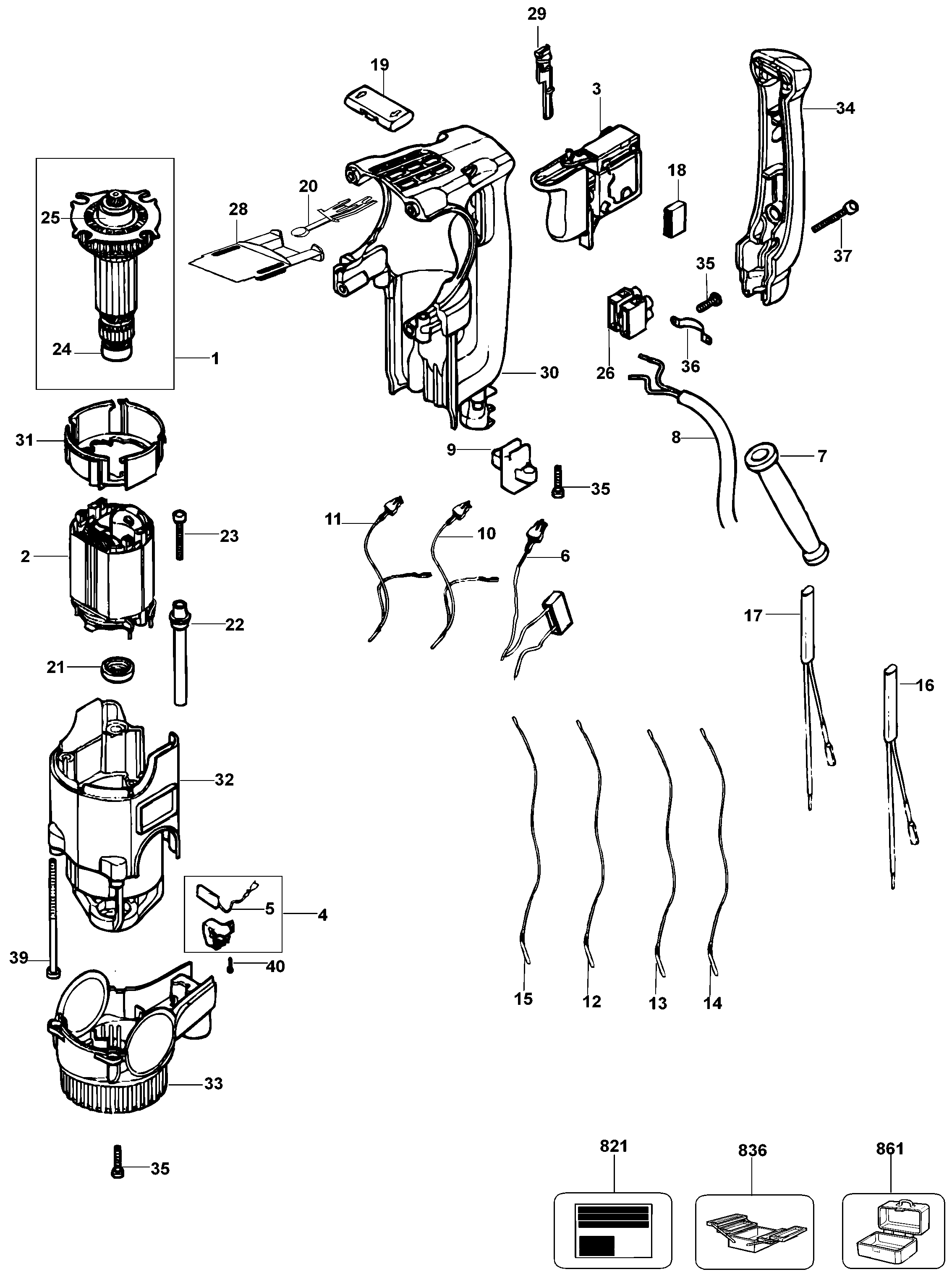 Default Diagram and Parts List for D25303KB2 Type 3 DeWALT Hammer
