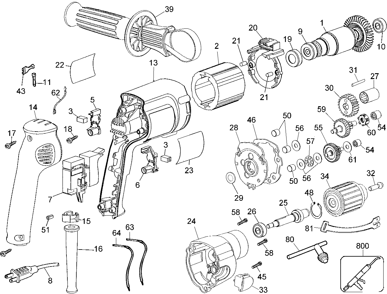 Default Diagram and Parts List for DW245-AR Type 1 DeWALT Boring Machine