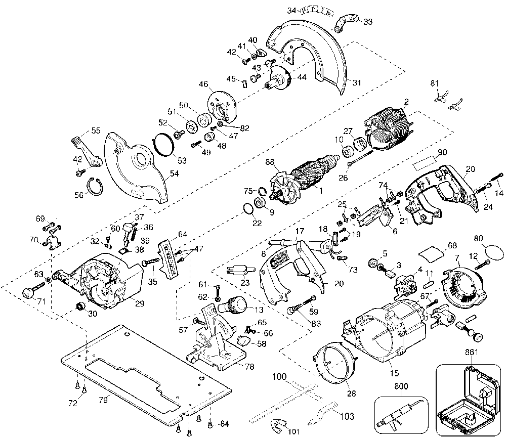 Exploded Diagram A Diagram and Parts List for D364-04 Type 1 DeWALT Circular Saw