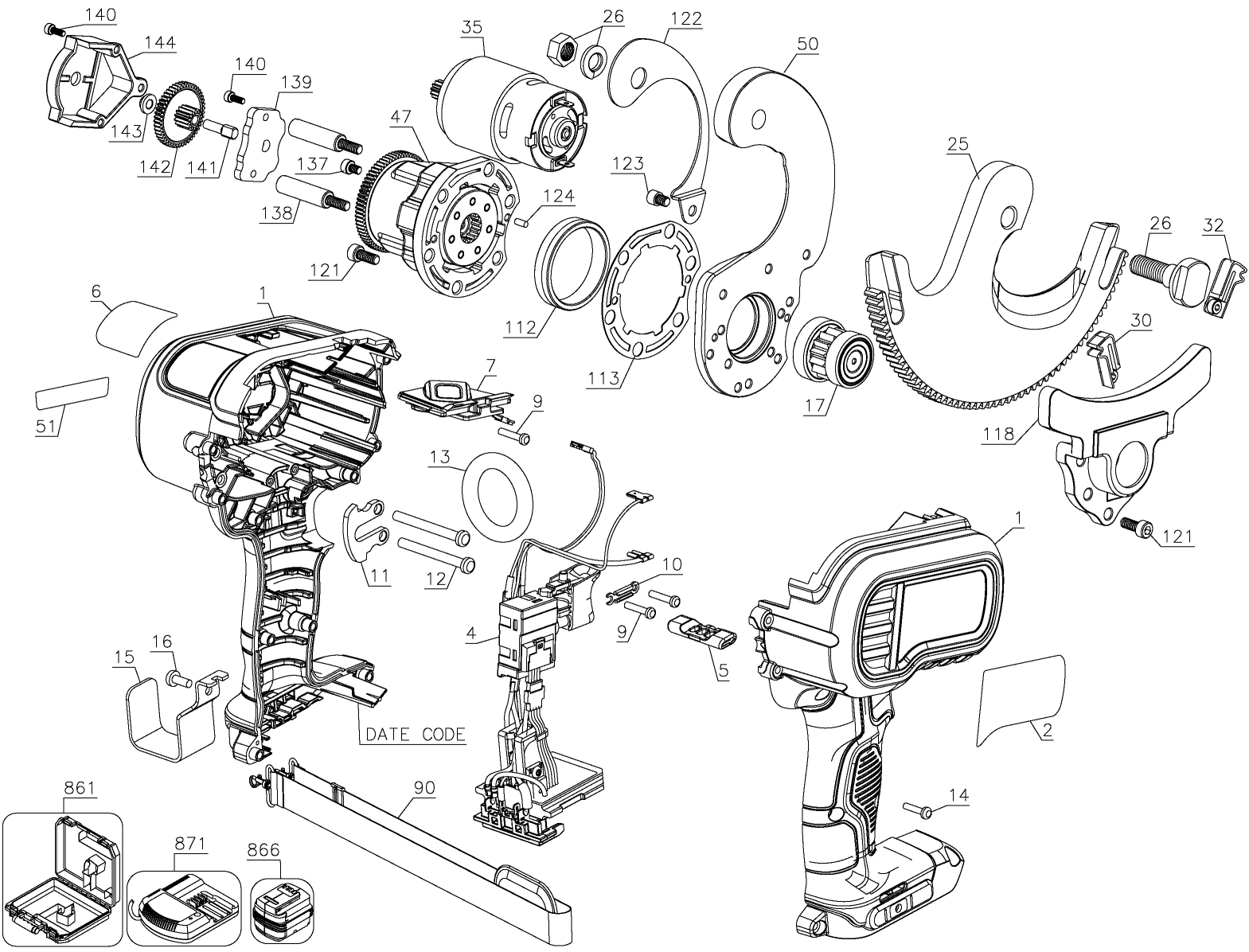 Default Diagram and Parts List for DCE155D1 Type 1 DeWALT Nibbler & Shears