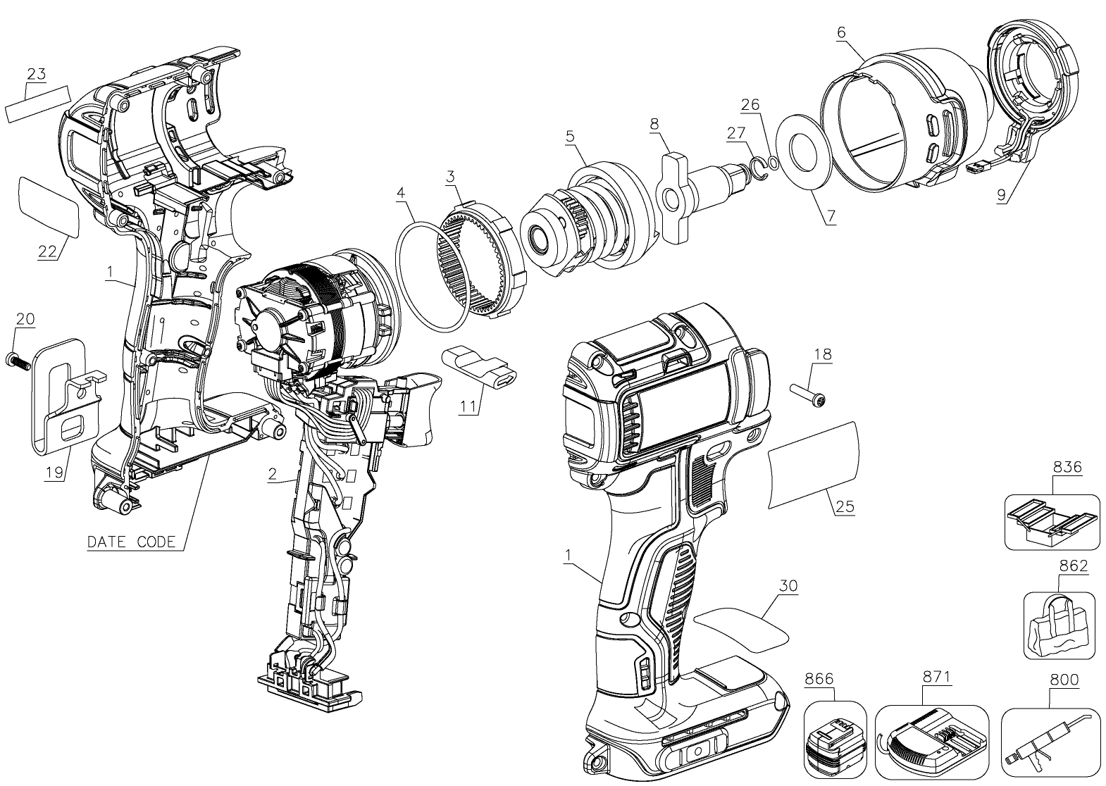 Default Diagram and Parts List for DCF890B Type 1 DeWALT Electric Drill