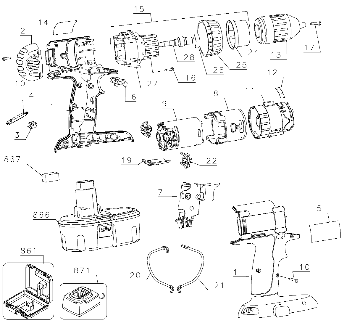 Default Diagram and Parts List for DC980KA Type 1 DeWALT Boring Machine