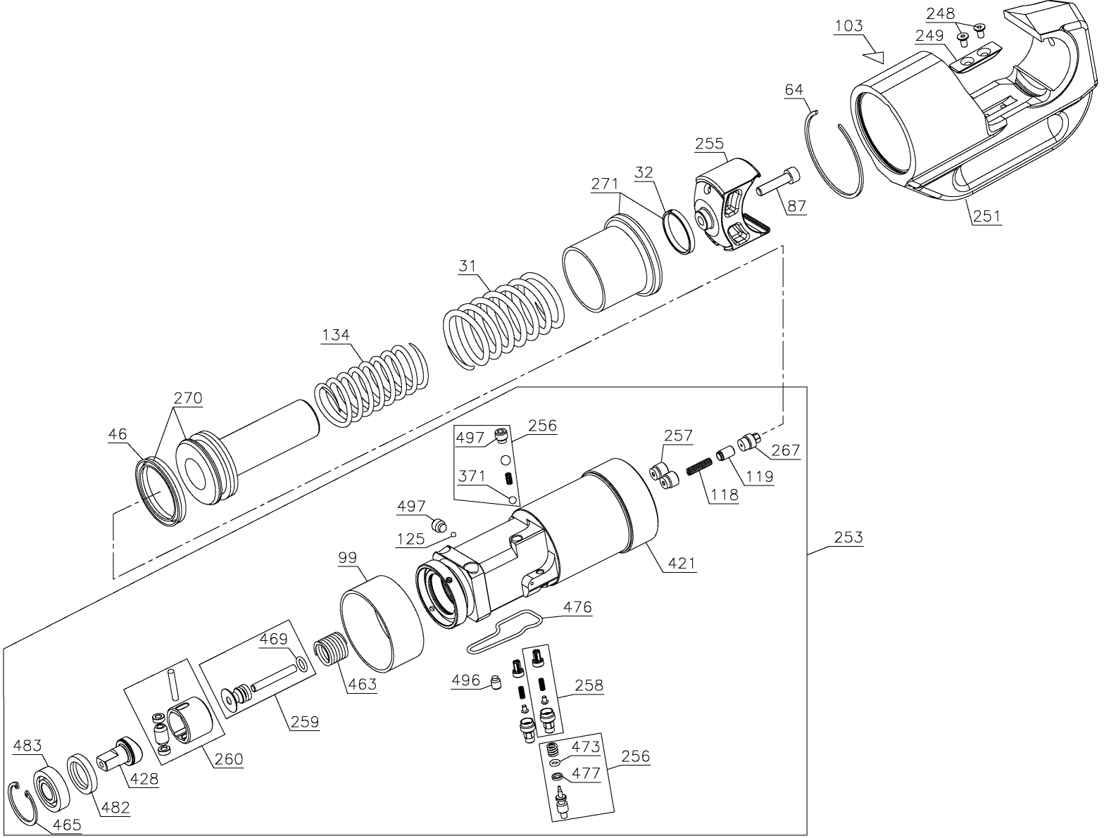 Head Diagram and Parts List for DCE300M2 Type 1 DeWALT Nibbler & Shears