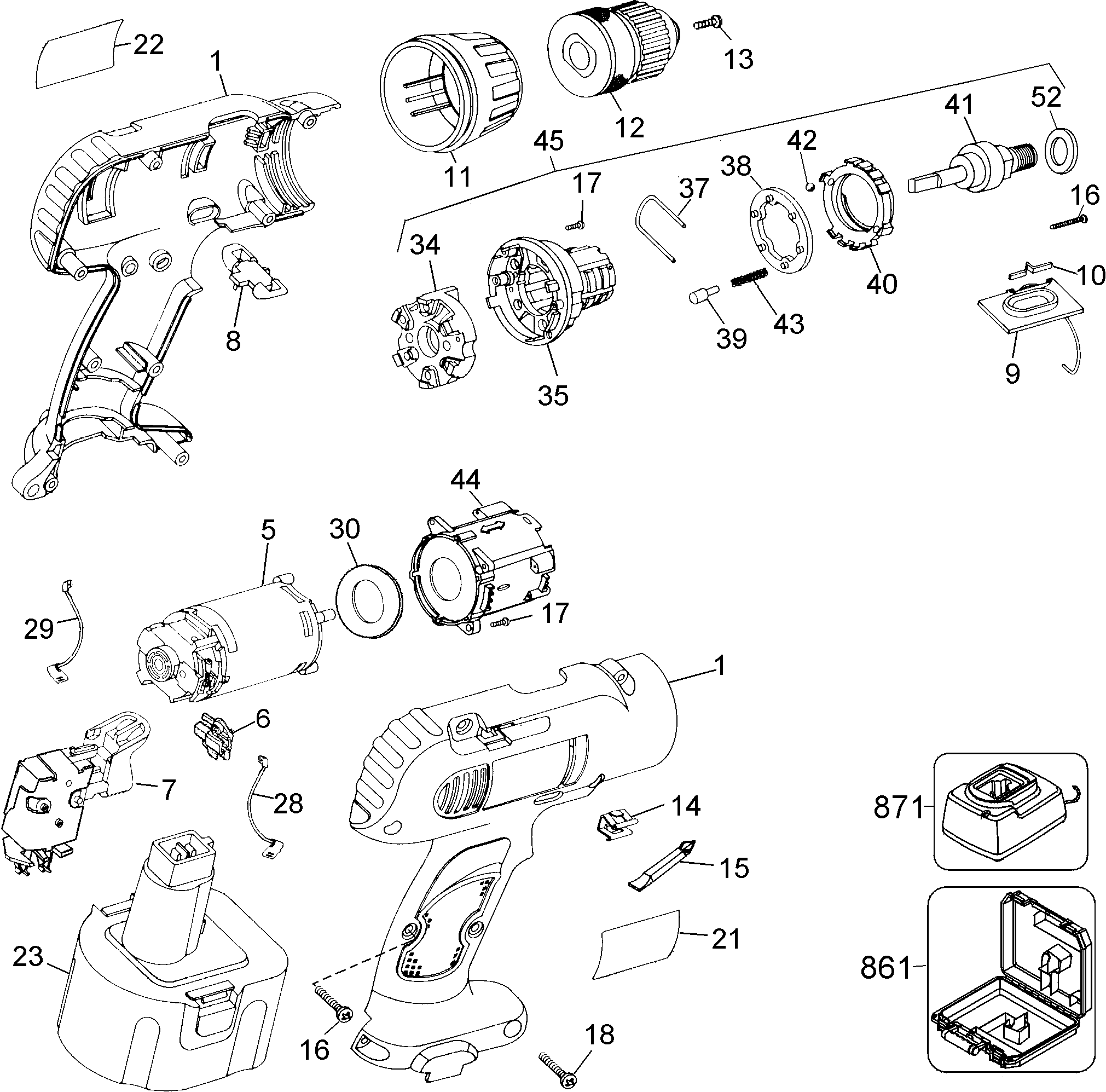 Default Diagram and Parts List for DW990KQ-2 Type 4 DeWALT Boring Machine