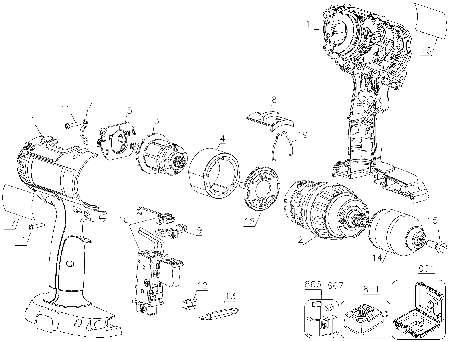Default Diagram and Parts List for DC745KA-B3 Type 1 DeWALT Boring Machine