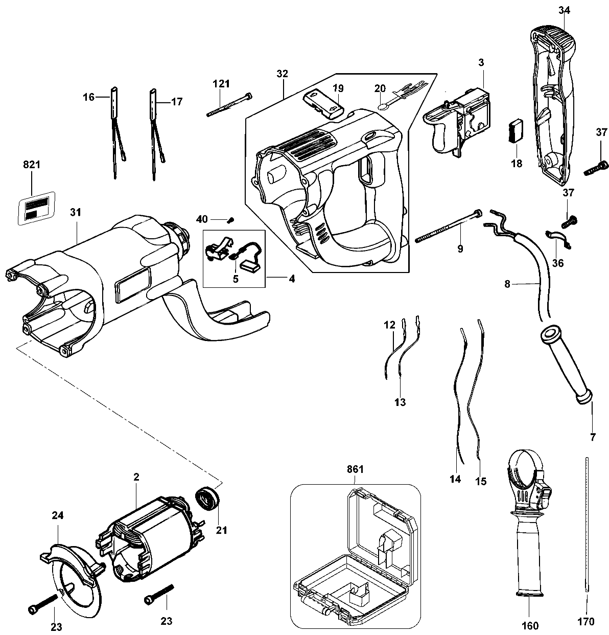 Default Diagram and Parts List for D25211K Type 1 DeWALT Hammer
