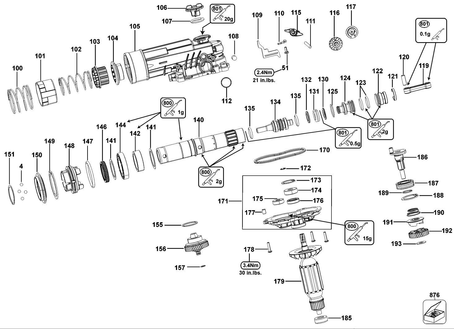 Default 2 Diagram and Parts List for D25413K Type 2 DeWALT Hammer