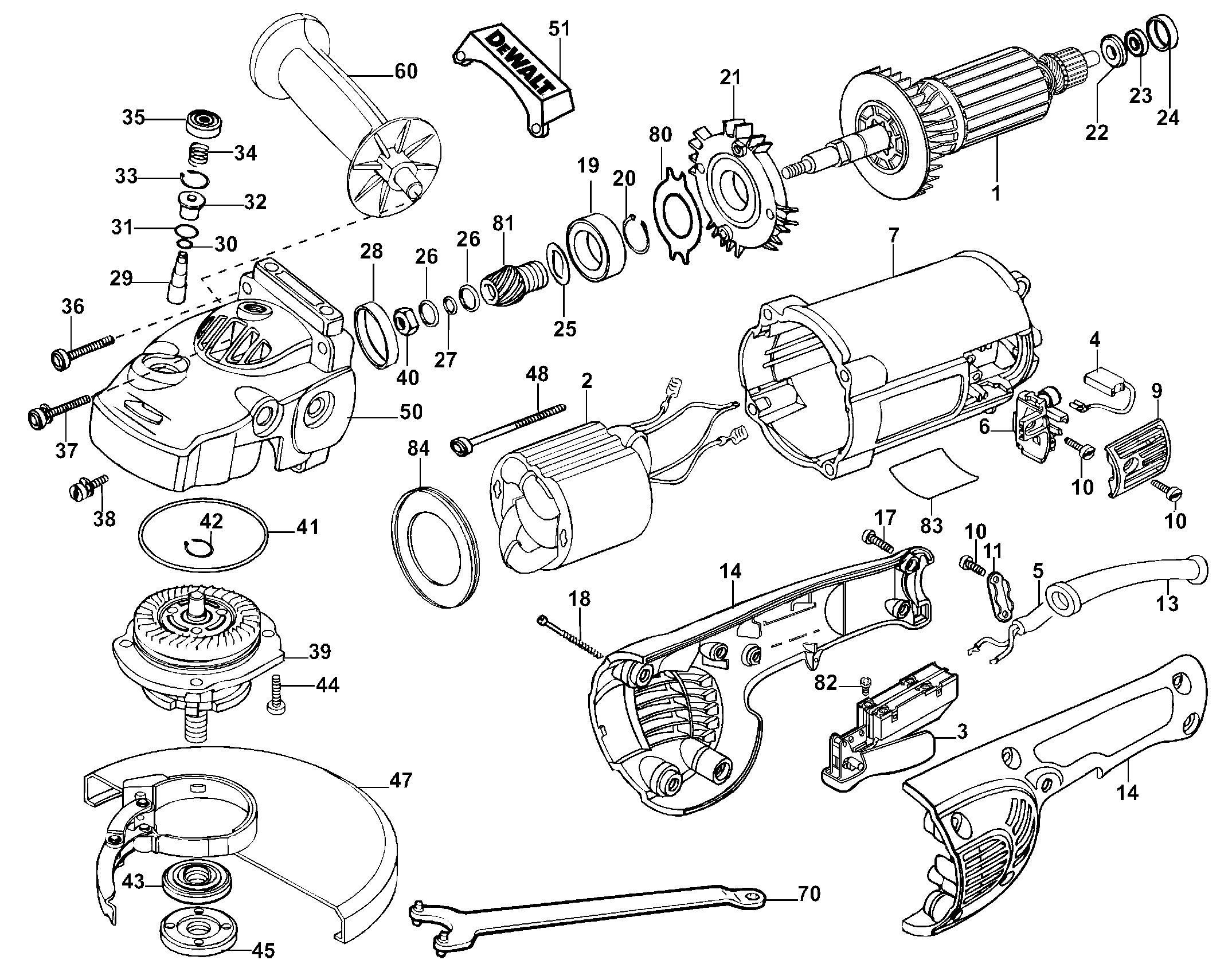 Default Diagram and Parts List for D28476WB3 Type 4 DeWALT Grinder