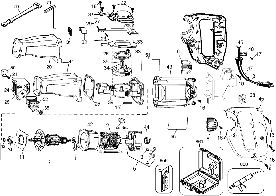 Default Diagram and Parts List for DW303K-B2 Type 2 DeWALT Reciprocating Saw