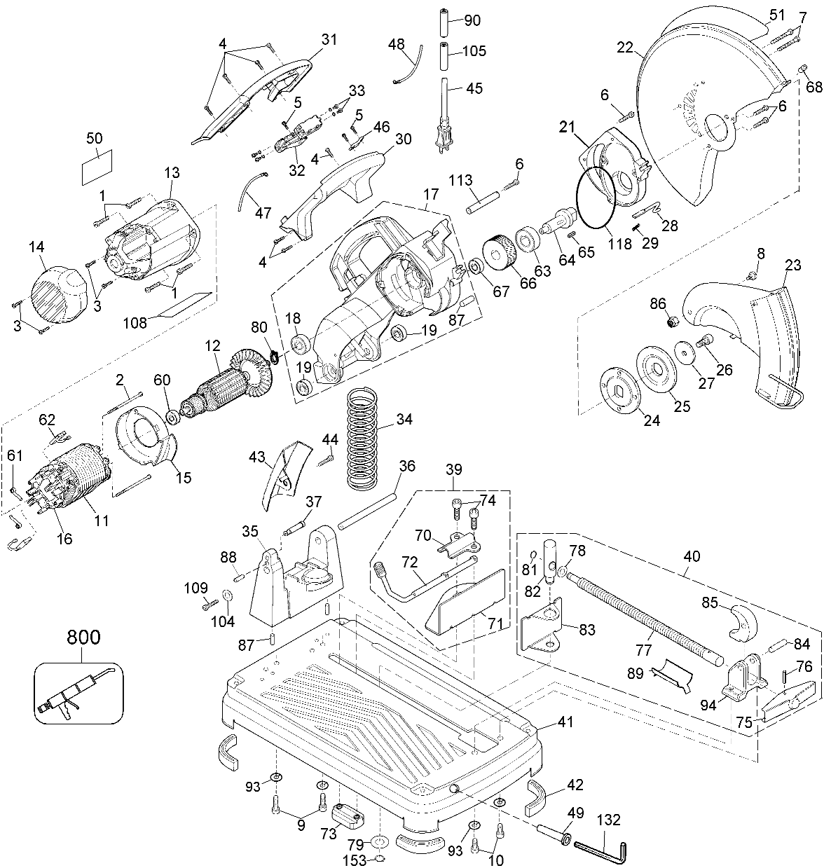 Default Diagram and Parts List for DW871-B3 Type 1 DeWALT Chop Saw