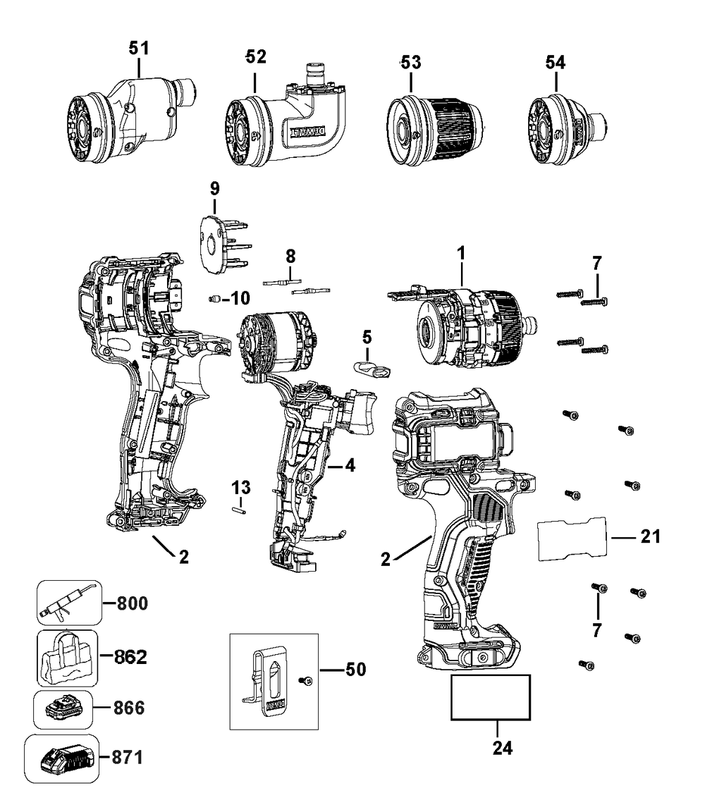 Exploded Diagram A Diagram and Parts List for DCD703F1 Type 1 DeWALT Cordless Drill