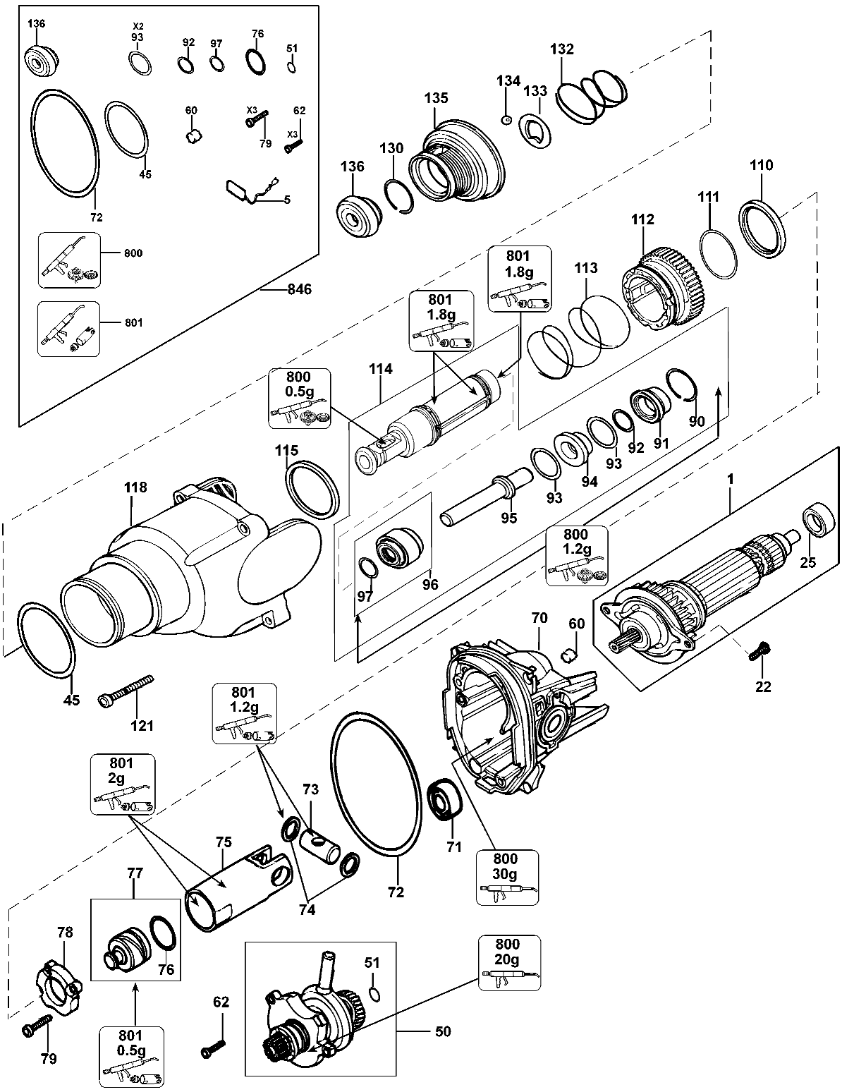 Default 2 Diagram and Parts List for D25111K Type 1 DeWALT Hammer